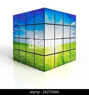 Cube avec paysage de la nature sur fond blanc Banque D'Images