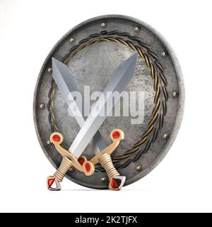 Blindage métallique rond et épées isolées sur fond blanc. 3D illustration Banque D'Images