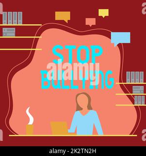 Panneau écrit à la main Stop Bullying. Aperçu de l'entreprise combattre et éliminer ce comportement agressif inacceptable femme assis sur le bureau travailler et présenter les nouvelles technologies. Banque D'Images