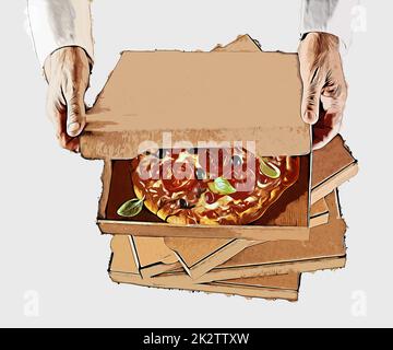 Homme ouvrant la boîte de carton avec pizza Banque D'Images