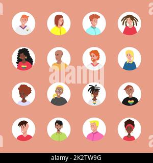 Ensemble de 16 avatars encerclés avec les visages des jeunes. Image de différentes races et nationalités, femmes et hommes. Ensemble d'icônes de profil utilisateur. Badges ronds avec des personnes heureuses - Vector Banque D'Images