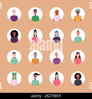 Ensemble de 16 avatars encerclés avec les visages des jeunes. Image de différentes races et nationalités, femmes et hommes. Ensemble d'icônes de profil utilisateur. Badges ronds avec des personnes heureuses - Vector Banque D'Images