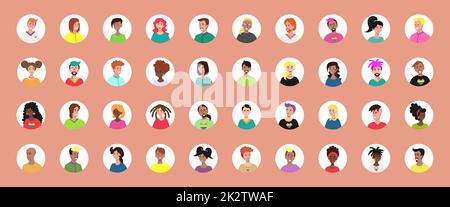 Ensemble de 40 avatars encerclés avec les visages des jeunes. Image de différentes races et nationalités, femmes et hommes. Ensemble d'icônes de profil utilisateur. Badges ronds avec des personnes heureuses - Vector Banque D'Images