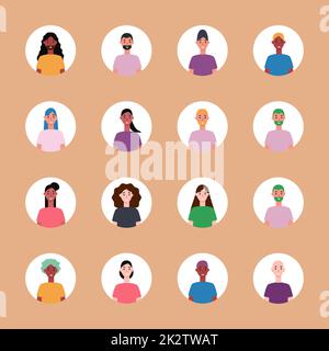 Ensemble de 16 avatars encerclés avec les visages des jeunes. Image de différentes races et nationalités, femmes et hommes. Ensemble d'icônes de profil utilisateur. Badges ronds avec des personnes heureuses - Vector Banque D'Images