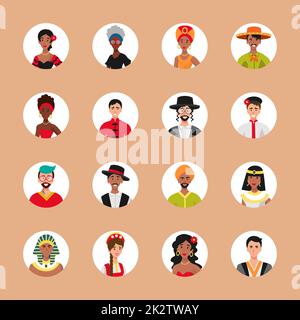 Ensemble de 16 avatars encerclés avec les visages des jeunes. Image de différentes races et nationalités, femmes et hommes. Ensemble d'icônes de profil utilisateur. Badges ronds avec des personnes heureuses - Vector Banque D'Images