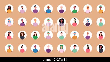 Ensemble de 32 avatars encerclés avec les visages des jeunes. Image de différentes races et nationalités, femmes et hommes. Ensemble d'icônes de profil utilisateur. Badges ronds avec des personnes heureuses - Vector Banque D'Images