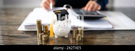 Close-up of Piggy Bank Wearing Graduation Hat et pièces empilées Banque D'Images