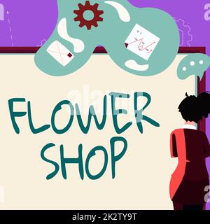 Légende du texte présentant Flower Shop. Photo conceptuelle où les fleurs coupées sont vendues avec des décorations pour cadeaux Businesswoman présentant la proposition d'affaires et des mises à jour à bord. Banque D'Images