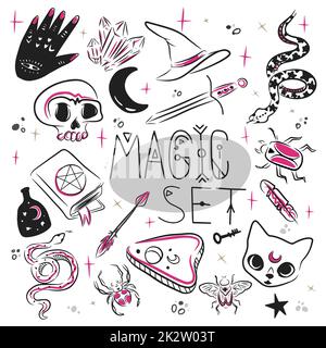 Set magique, inscription manuscrite, accessoires et objets magiques pour la magie, dessin de style doodle sur un fond blanc Illustration de Vecteur