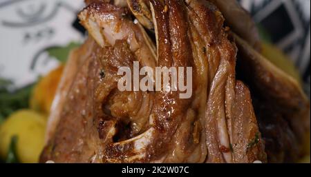 Appetizing Macro Cooked Meat. Juicy Tasty Lamb Ribs Dish. Stock Photo