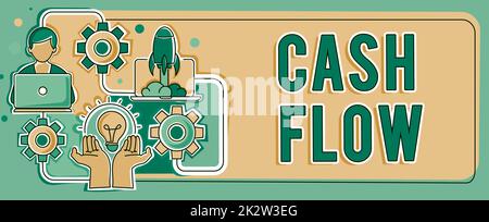 Légende conceptuelle flux de trésorerie. Mot écrit sur le mouvement de l'argent dans et hors affectant les mains de liquidité tenant Lamp Rocket avec l'homme d'affaires présentant de nouvelles idées startups Banque D'Images