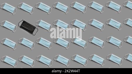 Masque hygiénique médical, masques de protection du visage sur fond gris. Soins médicaux chirurgie Flat Lay modèle. Masque chirurgical jetable protecteur contre le coronovirus Covid-19, pollution, virus, grippe Banque D'Images