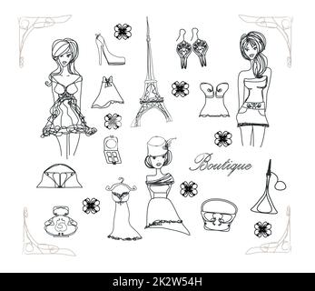 Paris fashion doodles set Banque D'Images