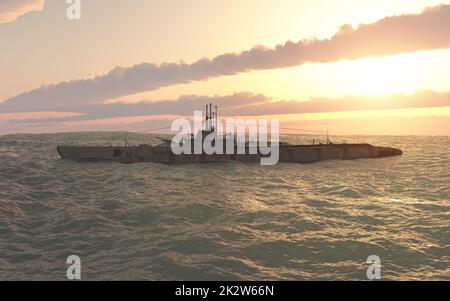 Sous-marin américain de la Seconde Guerre mondiale au coucher du soleil Banque D'Images