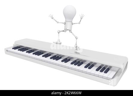 La figure de l'ampoule danse sur un clavier isolé sur fond blanc Banque D'Images