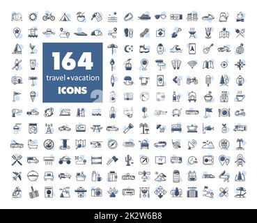 ensemble de 164 icônes de vecteur de vacances de voyage Banque D'Images