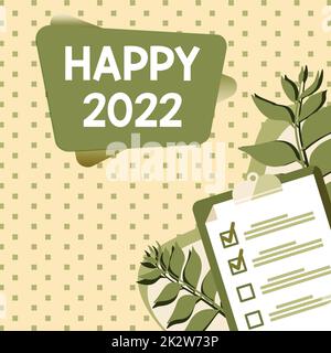 Écriture affichage du texte Happy 2022. Concept Internet heure ou jour à partir duquel une nouvelle année civile commence à partir du presse-papiers maintenant dessin avec liste de contrôle marquée terminé éléments sur liste. Banque D'Images