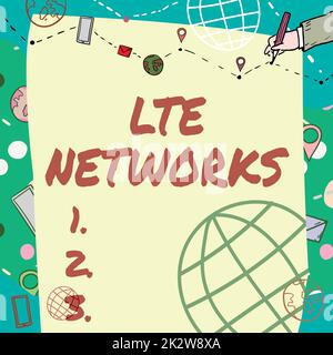 Légende conceptuelle réseaux LTE. Concept : connexion réseau la plus rapide disponible pour la communication sans fil Tableau blanc simple avec ligne de guidage de dessin manuel pour les marches du monde entier. Banque D'Images