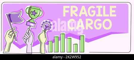 Légende conceptuelle fragile Cargo. Concept d'affaires poignée sécable avec soin emballage à bulles verre matières dangereuses mains tenant des objectifs de drapeau, Trophée des idées de lampe célébrant des barres de graphique de succès Banque D'Images