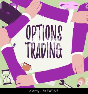 Légende de texte présentant Options Trading. Mot écrit sur différentes options pour faire des biens ou des services répartis dans le monde quatre mains dessin bras de maintien ensemble montrant le symbole de connexion. Banque D'Images