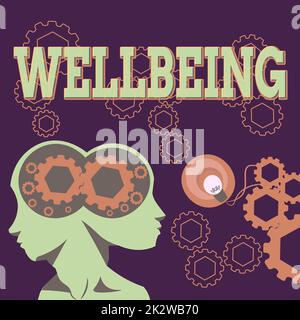 Signe de l'écriture à la main bien-être. Concept signifiant Une bonne condition d'existence ou une condition satisfaisante y compris la santé deux chefs avec COGS montrant des idées de technologie. Banque D'Images