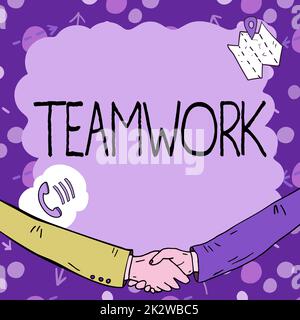 Affiche manuscrite travail d'équipe. Concept d'affaires Groupe de montrer qui travaillent ensemble et avec le même objectif cadre vide décoré avec des symboles de communication représentent la réunion d'affaires Banque D'Images