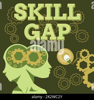 Affichage conceptuel écart de compétences. Aperçu de l'entreprise se retrouvant à une personne s est la faiblesse ou la limitation de connaissances de deux têtes avec COGS montrant des idées de technologie. Banque D'Images