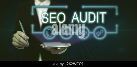 Légende de la présentation de l'audit Seo. Concept signification optimisation du moteur de recherche validation et vérification du processus homme d'affaires en costume tenant la paume ouverte symbolisant un travail d'équipe réussi. Banque D'Images