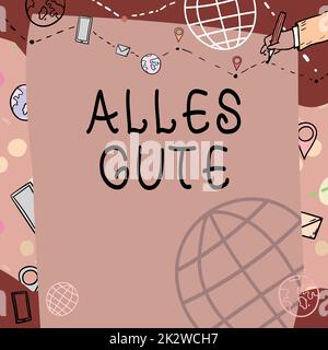 Affiche Alles Gute. Business idée traduction allemande tous les meilleurs pour l'anniversaire ou toute occasion Tableau blanc Uni avec main dessin ligne de guide pour les pas au-dessus du monde Globe. Banque D'Images