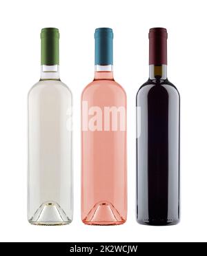 vue de face des bouteilles de vin rose blanc et rouge isolées en arrière-plan Banque D'Images