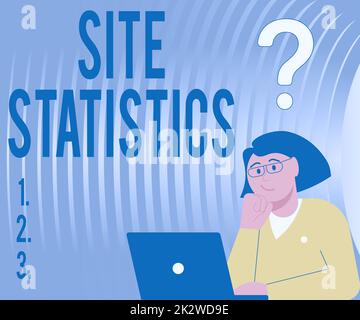 Affiche affichant les statistiques du site. Mot écrit sur la mesure du comportement des visiteurs de certains site Web Lady dessin brainstorming nouvelles solutions entourées de questions Banque D'Images