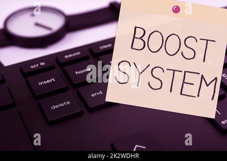 Légende présentant le système Boost. Mot écrit sur Rejuvenate Upgrade renforcer être plus sain approche holistique clavier d'ordinateur et Symbol.support d'information pour la communication. Banque D'Images