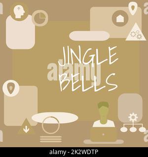 Affiche de texte montrant les cloches de Jingle. Mot écrit sur la plus célèbre chanson traditionnelle de Noël dans le monde Homme assis sur le bureau travail et de présenter les nouvelles technologies. Banque D'Images