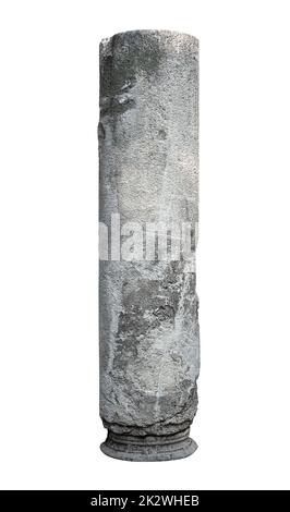 vue de face gros fragment de grand carré vertical de colonne antique classique en pierre architecturale avec texture patientée isolée sur fond blanc Banque D'Images