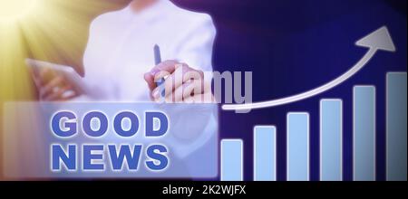 Affiche textuelle indiquant les bonnes nouvelles. Concept signifiant quelqu'un ou quelque chose de positif, encourageant, stimulant, ou souhaitable homme d'affaires en faisant passer Banner de la course de véhicule vers un avenir réussi. Banque D'Images