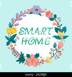 Légende conceptuelle Smart Home. Vitrine d'affaires automatisation système de commande éclairage climatisation systèmes de divertissement cadre décoré avec des fleurs colorées et de feuillage arrangé harmonieusement. Banque D'Images