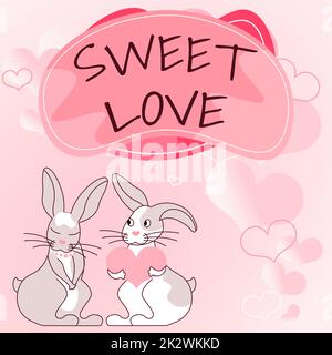 Texte montrant l'inspiration DOUCE AMOUR. Aperçu d'affaires titre pour la personne aimée bonne Saint Valentin lapins avec des cadeaux en forme de coeur démontrez les amoureux passionnés avec des cadeaux Banque D'Images
