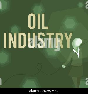 Affiche indiquant l'industrie pétrolière. Mot pour l'exploration extraction raffinage commercialisation des produits pétroliers Lady porter un costume avec une tête pleine d'idées représentées par une ampoule. Banque D'Images