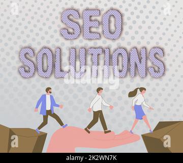 Légende présentant Seo Solutions. Business Showcase Search Engine Result page augmenter le nombre de visiteurs par classement collègues franchir les obstacles main Bridge présenter Teamwork collaboration. Banque D'Images