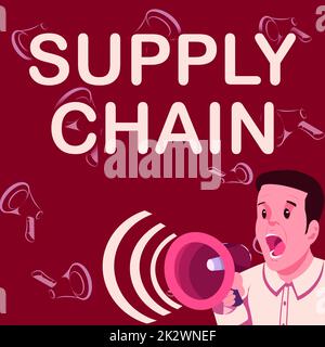 Texte montrant la chaîne logistique d'inspiration. Mot pour le système d'organisation et les processus du fournisseur à l'homme d'affaires de consommation en parlant par Megaphone faire une nouvelle annonce merveilleuse Banque D'Images