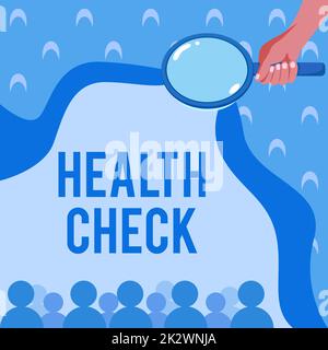 Légende conceptuelle Health Check. Concept signification examen médical bien-être et état général inspection main tenue loupe examen de la structure socio-économique. Banque D'Images