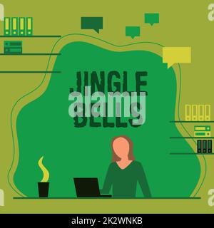 Affiche de texte montrant les cloches de Jingle. Idée d'affaires la plus célèbre chanson traditionnelle de Noël dans le monde entier femme assis sur le bureau de travail et de présenter les nouvelles technologies. Banque D'Images