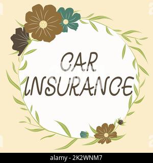 Légende présentant l'assurance automobile. Internet concept accidents couverture politique globale garantie véhicule automobile cadre décoré de fleurs colorées et de feuillage arrangé harmonieusement. Banque D'Images