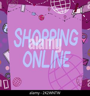 Écriture affichage de texte Shopping Online. Business vitrine acheter que vous voulez par le site Web d'Internet puis lui livrer le tableau blanc simple avec main dessin ligne de guide pour les étapes au-dessus du monde Globe. Banque D'Images