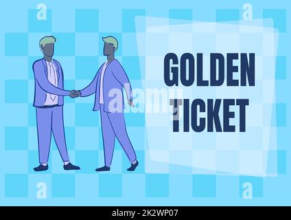 Légende du texte présentant le Golden Ticket. Mot écrit sur Rain Check Access VIP Passport Box Office Seat Event deux collègues se serrant la main félicitant le travail d'équipe réussi. Banque D'Images