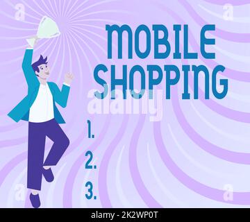 Légende du texte présentant Mobile Shopping. Mot pour l'achat et la vente de biens et services par le biais de mobile gentleman Jumping excitly tenant Trophée montrant des réalisations. Banque D'Images