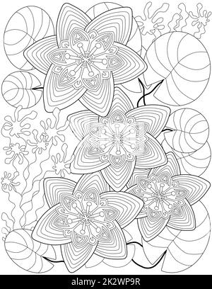 Ligne vectorielle dessin stylisé quatre fleurs de lotus flottant feuilles lac. Image numérique de ligne de pêche élaborée eau florale bassin de natation. Outline art flore design. Banque D'Images