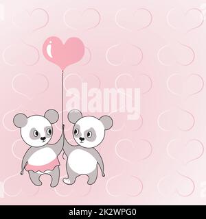 Deux ours tenant un ballon en forme de coeur avec des coeurs en arrière-plan montrent l'amour et l'harmonie. L'ours en peluche représente un couple passionné avec des objectifs d'amour. Banque D'Images