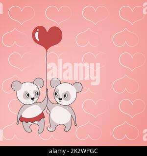 Deux ours tenant un ballon en forme de coeur avec des coeurs en arrière-plan montrent l'amour et l'harmonie. L'ours en peluche représente un couple passionné avec des objectifs d'amour. Banque D'Images