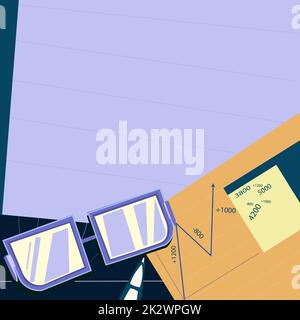 Des lunettes placées sur un bureau entouré de documents composés de graphiques de calcul futurs plans financiers réussis. Le bloc-notes est présenté avec l'estimation des finances du projet. Banque D'Images